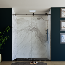 Load image into Gallery viewer, 60&quot; x 76&quot; Frameless Shower Door with Black - Solid Surface Shower Base Tray - Shower Kit with covered drain - and 5pc Shower Wall System