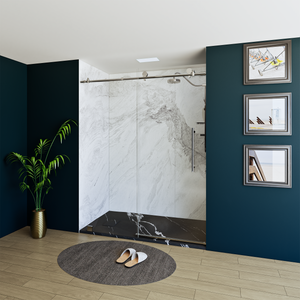 60" X 76" Armani Grey Alcove Shower Wall Kit - Shower Door / Wall System / Solid Surface Shower Base Tray with Covered Drain