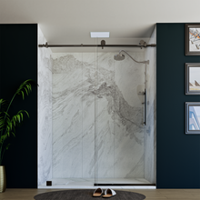 Load image into Gallery viewer, 60&quot; X 76&quot; Armani Grey Alcove Shower Wall Kit - Shower Door / Wall System / Solid Surface Shower Base Tray with Covered Drain