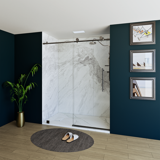 60" X 76" Armani Grey Alcove Shower Wall Kit - Shower Door / Wall System / Solid Surface Shower Base Tray with Covered Drain