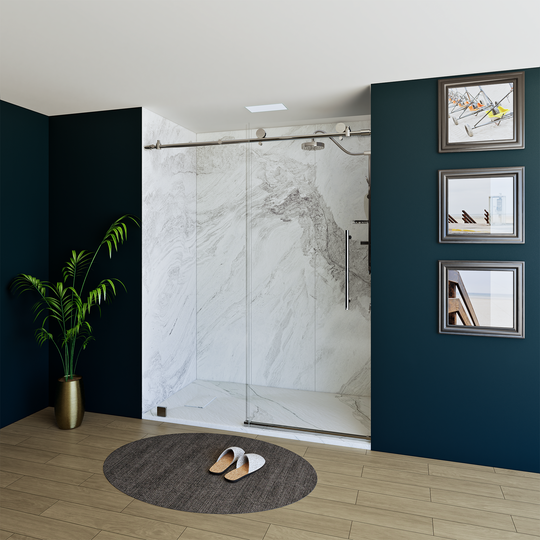60" X 76" Armani Grey Alcove Shower Wall Kit - Shower Door / Wall System / Solid Surface Shower Base Tray with Covered Drain