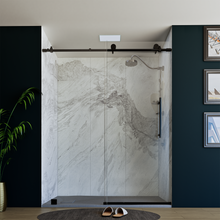 Load image into Gallery viewer, 60&quot; x 76&quot; Frameless Shower Door with Black - Solid Surface Shower Base Tray - Shower Kit with covered drain - and 5pc Shower Wall System