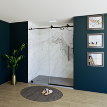 Load image into Gallery viewer, 60&quot; x 76&quot; Frameless Shower Door with Black - Solid Surface Shower Base Tray - Shower Kit with covered drain - and 5pc Shower Wall System