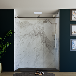 60" X 76" Armani Grey Alcove Shower Wall Kit - Shower Door / Wall System / Solid Surface Shower Base Tray with Covered Drain