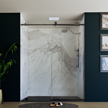 Load image into Gallery viewer, 60 x 76 Inch Frameless Wall to Wall Shower Enclosure with One Fixed Glass &amp; One Sliding Door, Clear Tempered Glass: 8mm, Brushed Grey Finish - PRO