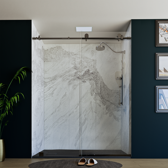 60 x 76 Inch Frameless Wall to Wall Shower Enclosure with One Fixed Glass & One Sliding Door, Clear Tempered Glass: 8mm, Brushed Grey Finish - PRO