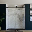 Load image into Gallery viewer, 60&quot; x 76&quot; Frameless Shower Door with Black - Solid Surface Shower Base Tray - Shower Kit with covered drain - and 5pc Shower Wall System