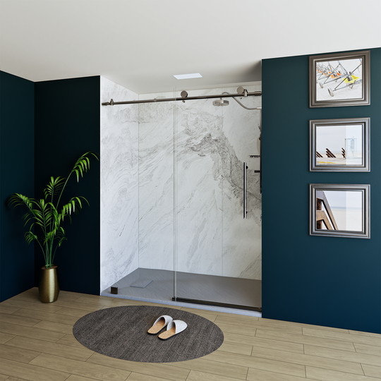 60" X 76" Armani Grey Alcove Shower Wall Kit - Shower Door / Wall System / Solid Surface Shower Base Tray with Covered Drain