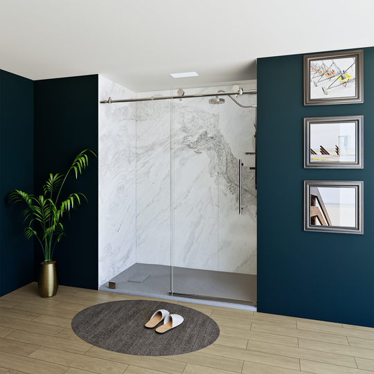 60" X 76" Armani Grey Alcove Shower Wall Kit - Shower Door / Wall System / Solid Surface Shower Base Tray with Covered Drain
