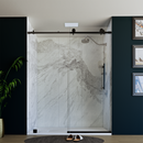 Load image into Gallery viewer, 60&quot; x 76&quot; Frameless Shower Door with Black - Solid Surface Shower Base Tray - Shower Kit with covered drain - and 5pc Shower Wall System