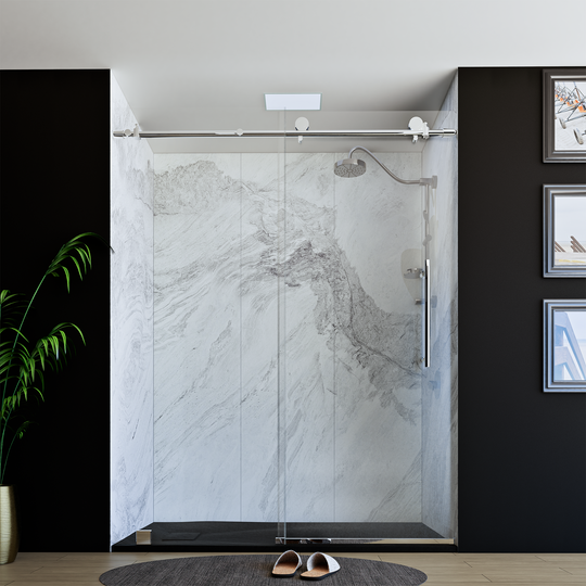 60" X 76" Armani Grey Alcove Shower Wall Kit - Shower Door / Wall System / Solid Surface Shower Base Tray with Covered Drain