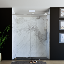 Load image into Gallery viewer, 60&quot; X 76&quot; Armani Grey Alcove Shower Wall Kit - Shower Door / Wall System / Solid Surface Shower Base Tray with Covered Drain