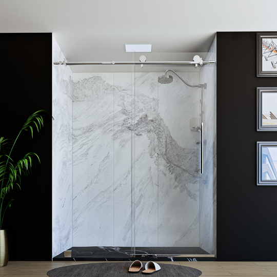 60" X 76" Armani Grey Alcove Shower Wall Kit - Shower Door / Wall System / Solid Surface Shower Base Tray with Covered Drain