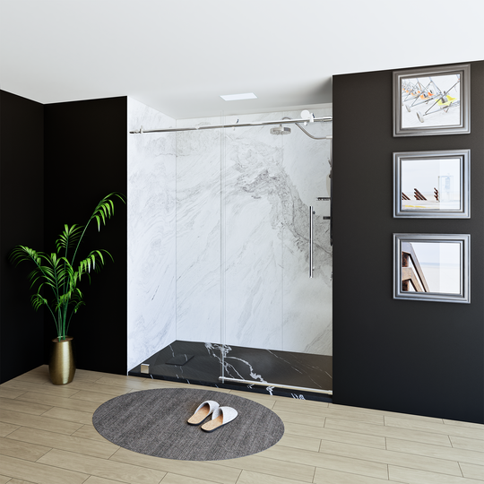 60" X 76" Armani Grey Alcove Shower Wall Kit - Shower Door / Wall System / Solid Surface Shower Base Tray with Covered Drain