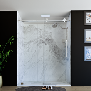 60" X 76" Armani Grey Alcove Shower Wall Kit - Shower Door / Wall System / Solid Surface Shower Base Tray with Covered Drain
