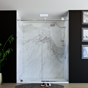 60" X 76" Armani Grey Alcove Shower Wall Kit - Shower Door / Wall System / Solid Surface Shower Base Tray with Covered Drain
