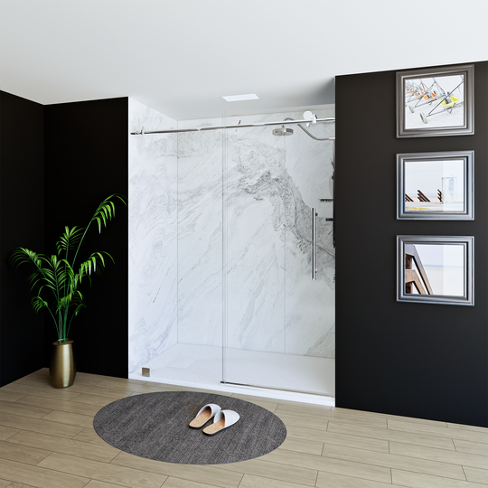 60" X 76" Armani Grey Alcove Shower Wall Kit - Shower Door / Wall System / Solid Surface Shower Base Tray with Covered Drain