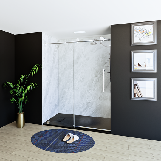 60" X 76" Armani Grey Alcove Shower Wall Kit - Shower Door / Wall System / Solid Surface Shower Base Tray with Covered Drain