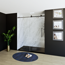 Load image into Gallery viewer, 60&quot; x 76&quot; Frameless Shower Door with Black - Solid Surface Shower Base Tray - Shower Kit with covered drain - and 5pc Shower Wall System