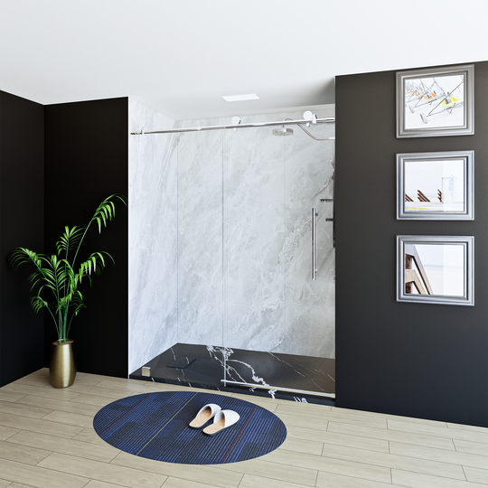 60" X 76" Armani Grey Alcove Shower Wall Kit - Shower Door / Wall System / Solid Surface Shower Base Tray with Covered Drain