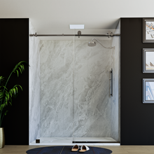 Load image into Gallery viewer, 60&quot; X 76&quot; Armani Grey Alcove Shower Wall Kit - Shower Door / Wall System / Solid Surface Shower Base Tray with Covered Drain
