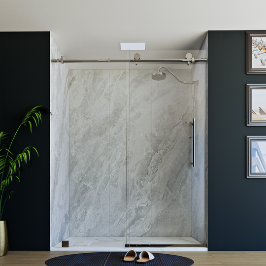 60" X 76" Armani Grey Alcove Shower Wall Kit - Shower Door / Wall System / Solid Surface Shower Base Tray with Covered Drain