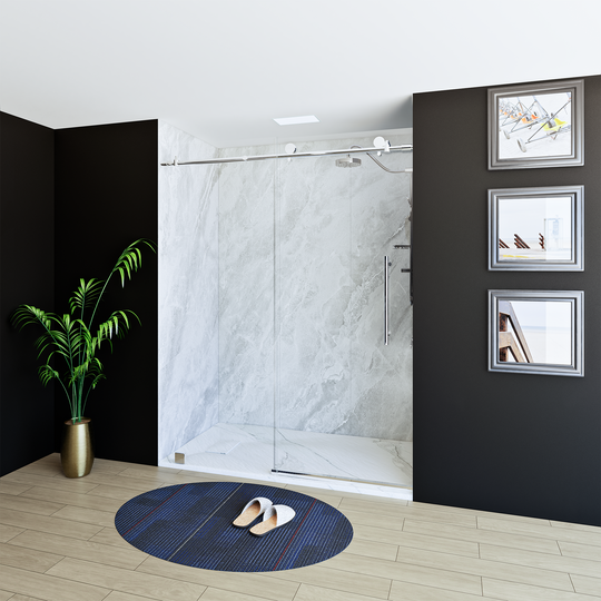 60" X 76" Armani Grey Alcove Shower Wall Kit - Shower Door / Wall System / Solid Surface Shower Base Tray with Covered Drain
