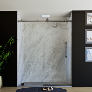 60" X 76" Armani Grey Alcove Shower Wall Kit - Shower Door / Wall System / Solid Surface Shower Base Tray with Covered Drain