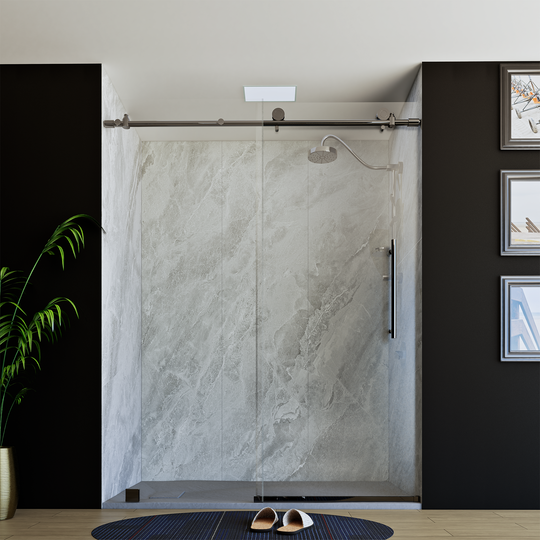 60" X 76" Armani Grey Alcove Shower Wall Kit - Shower Door / Wall System / Solid Surface Shower Base Tray with Covered Drain