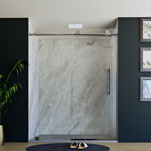 60" X 76" Armani Grey Alcove Shower Wall Kit - Shower Door / Wall System / Solid Surface Shower Base Tray with Covered Drain
