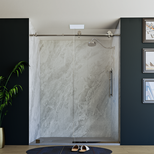 60" X 76" Armani Grey Alcove Shower Wall Kit - Shower Door / Wall System / Solid Surface Shower Base Tray with Covered Drain