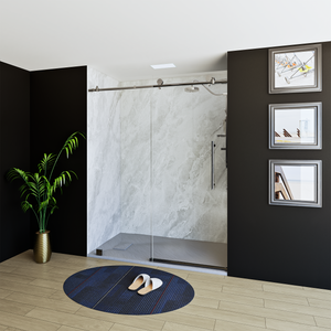 60" X 76" Armani Grey Alcove Shower Wall Kit - Shower Door / Wall System / Solid Surface Shower Base Tray with Covered Drain