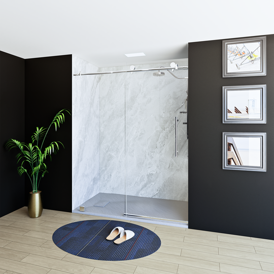 60" X 76" Armani Grey Alcove Shower Wall Kit - Shower Door / Wall System / Solid Surface Shower Base Tray with Covered Drain