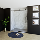 Load image into Gallery viewer, 60&quot; x 76&quot; Frameless Shower Door with Black - Solid Surface Shower Base Tray - Shower Kit with covered drain - and 5pc Shower Wall System