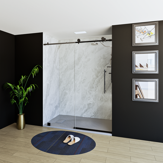 60" x 76" Frameless Shower Door with Black - Solid Surface Shower Base Tray - Shower Kit with covered drain - and 5pc Shower Wall System