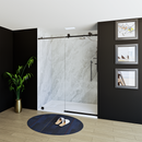 Load image into Gallery viewer, 60&quot; x 76&quot; Frameless Shower Door with Black - Solid Surface Shower Base Tray - Shower Kit with covered drain - and 5pc Shower Wall System