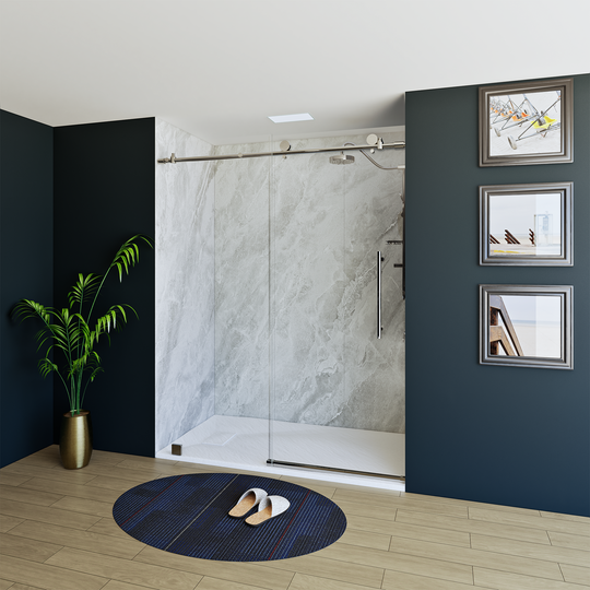 60" X 76" Armani Grey Alcove Shower Wall Kit - Shower Door / Wall System / Solid Surface Shower Base Tray with Covered Drain