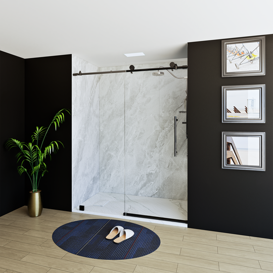 60" X 76" Armani Grey Alcove Shower Wall Kit - Shower Door / Wall System / Solid Surface Shower Base Tray with Covered Drain