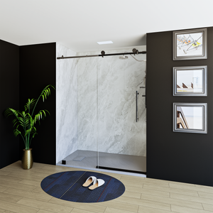 60" X 76" Armani Grey Alcove Shower Wall Kit - Shower Door / Wall System / Solid Surface Shower Base Tray with Covered Drain