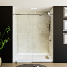 Load image into Gallery viewer, 60&quot; x 76&quot; Frameless Shower Door - Acrylic Shower Pan with Linear Drain - Shower Kit with 5pc Shower Wall System