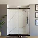 Load image into Gallery viewer, 60&quot; x 76&quot; Frameless Shower Door with Black - Solid Surface Shower Base Tray - Shower Kit with covered drain - and 5pc Shower Wall System