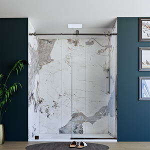 60" X 76" Armani Grey Alcove Shower Wall Kit - Shower Door / Wall System / Solid Surface Shower Base Tray with Covered Drain