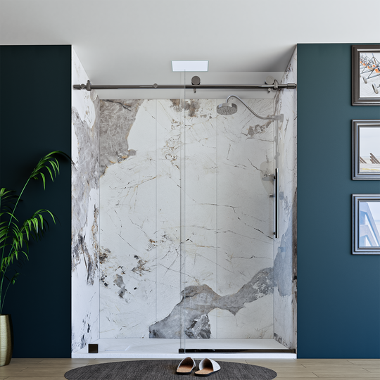60" X 76" Armani Grey Alcove Shower Wall Kit - Shower Door / Wall System / Solid Surface Shower Base Tray with Covered Drain