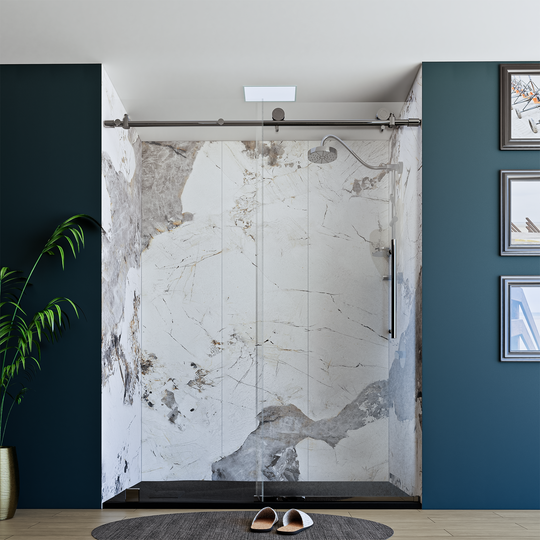 60" X 76" Armani Grey Alcove Shower Wall Kit - Shower Door / Wall System / Solid Surface Shower Base Tray with Covered Drain