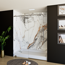 Load image into Gallery viewer, 60&quot; x 76&quot; Frameless Shower Door - Acrylic Shower Pan with Drain - Shower Kit with 5pc Shower Wall System