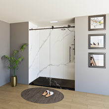 Load image into Gallery viewer, 60&quot; x 76&quot; Frameless Shower Door with Black - Solid Surface Shower Base Tray - Shower Kit with covered drain - and 5pc Shower Wall System