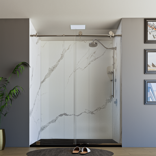 60" X 76" Armani Grey Alcove Shower Wall Kit - Shower Door / Wall System / Solid Surface Shower Base Tray with Covered Drain