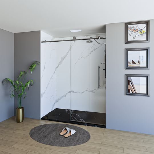 60" X 76" Armani Grey Alcove Shower Wall Kit - Shower Door / Wall System / Solid Surface Shower Base Tray with Covered Drain