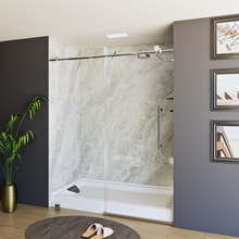 Load image into Gallery viewer, 60&quot; x 76&quot; Frameless Shower Door - Acrylic Shower Pan with Drain - Shower Kit with 5pc Shower Wall System