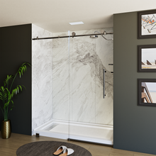 Load image into Gallery viewer, 60&quot; x 76&quot; Frameless Shower Door - Acrylic Shower Pan with Linear Drain - Shower Kit with 5pc Shower Wall System